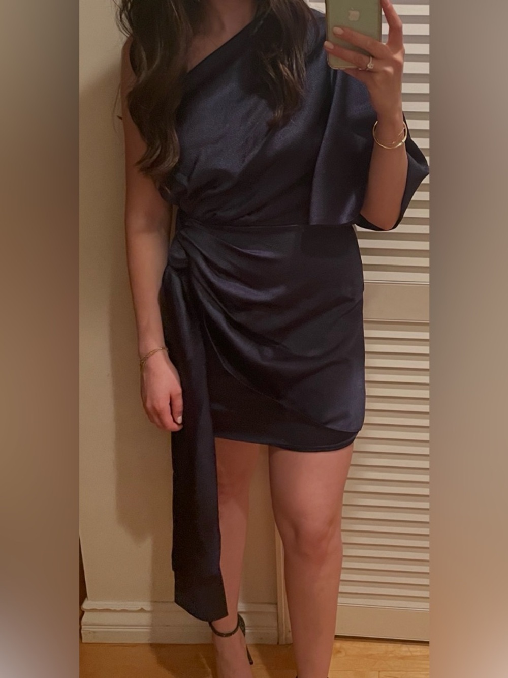 Solace London One Shoulder Navy Mini Dress Draped Sleeve Size 4-6 Dress - Picture 3 of 5